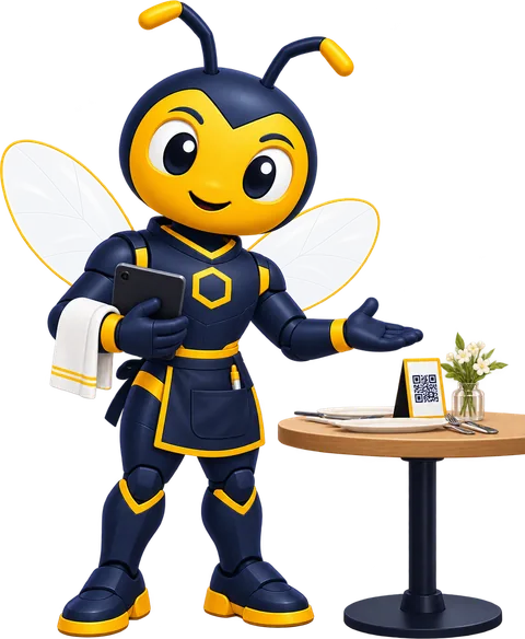 Captain Beez en serveur, à côté d’une table avec QR code.