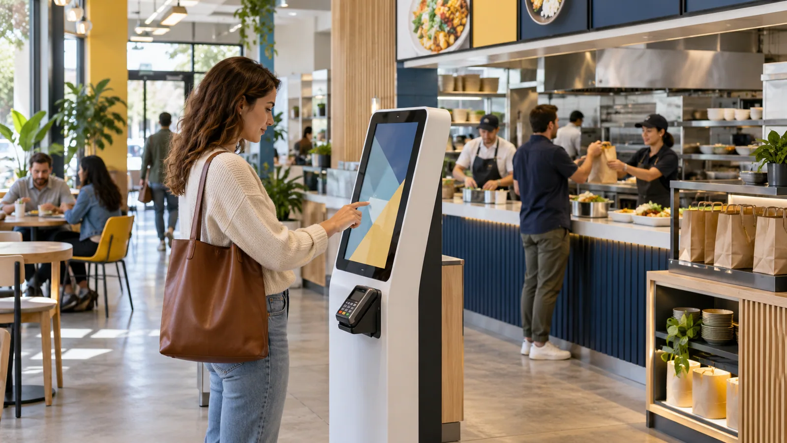 Customer using a self-ordering kiosk in a restaurant with preparation and pickup visible behind her.