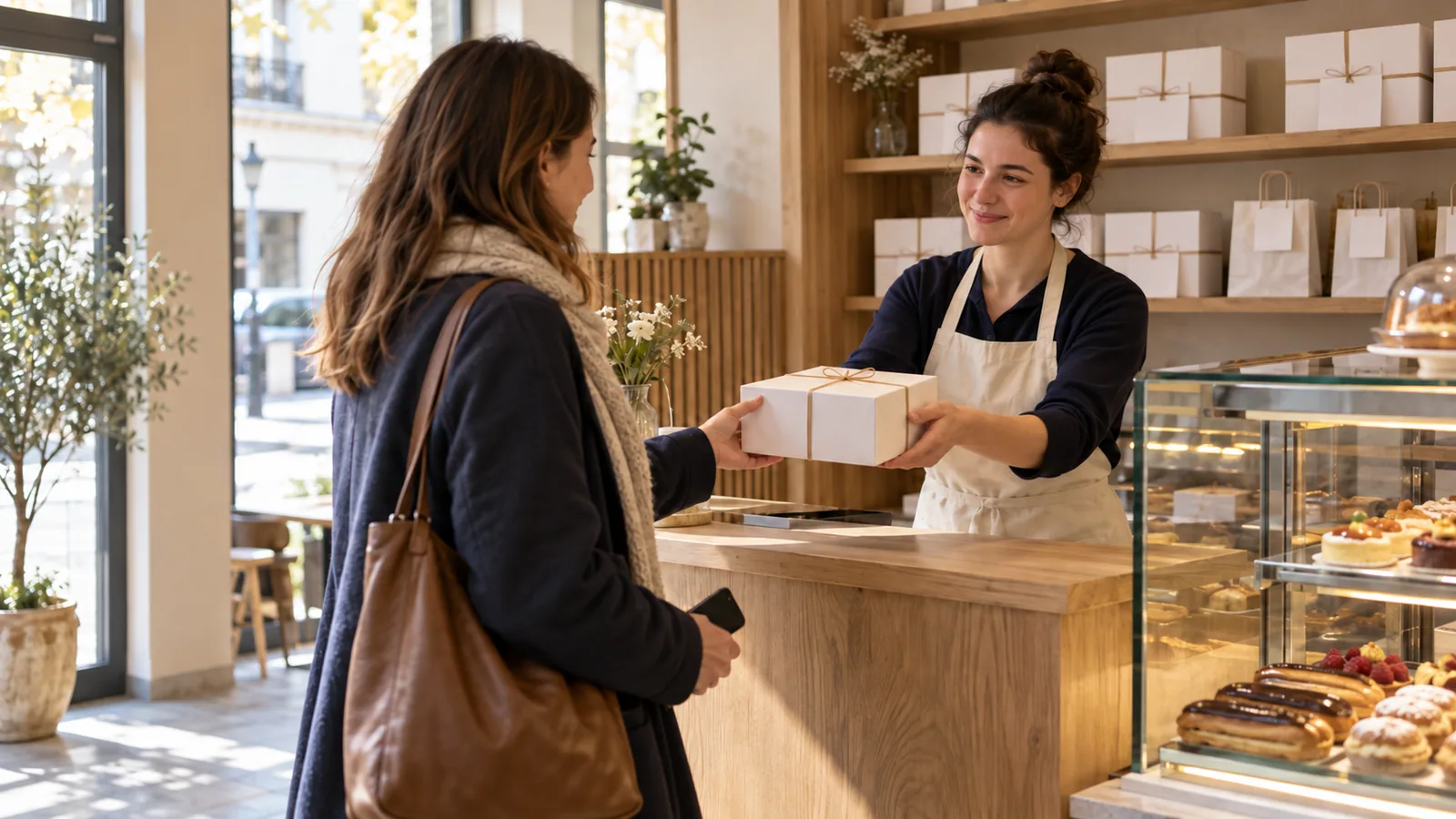 Bakery employee handing a white pastry box to a customer at a dedicated pickup counter.