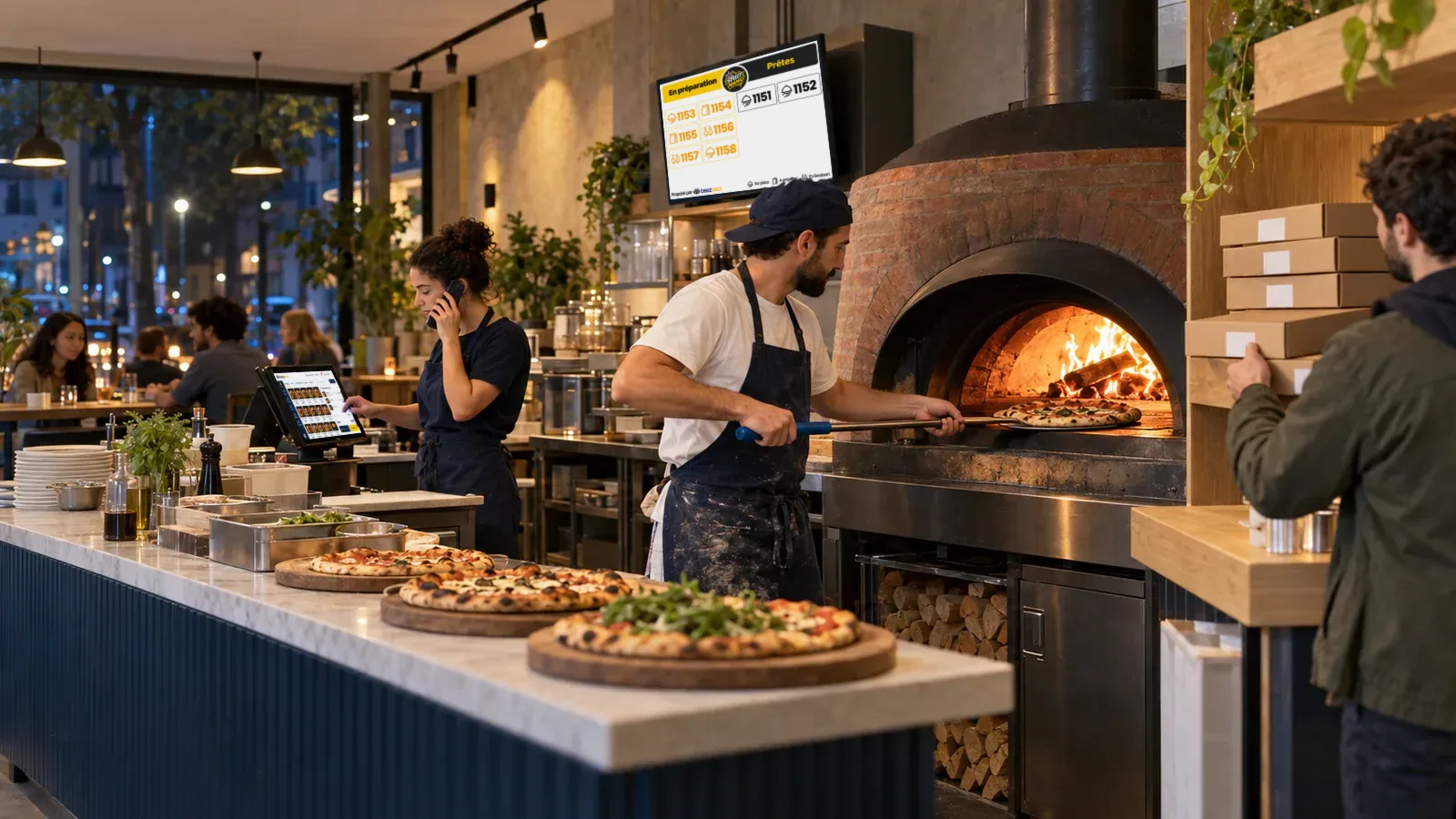 Pizza chef sliding a pizza into a wood-fired oven while a team member on the phone enters an order on the touchscreen POS; a wall screen shows orders in progress and ready.