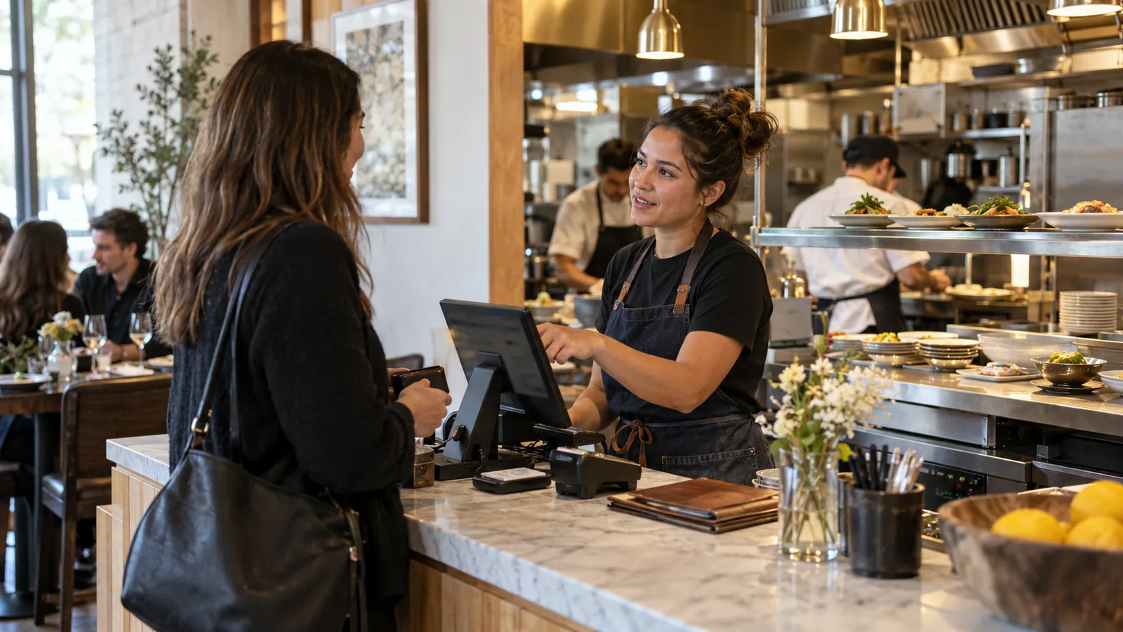 Équipière utilisant une caisse tactile compacte avec une cliente, devant la cuisine ouverte d’un restaurant.