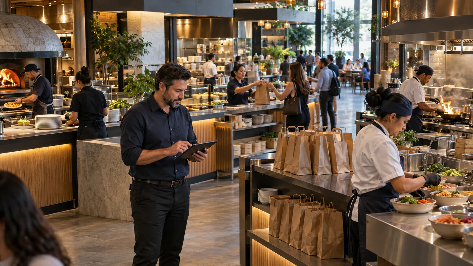 Responsable d’un food court suivant les commandes sur tablette entre plusieurs stands de préparation.