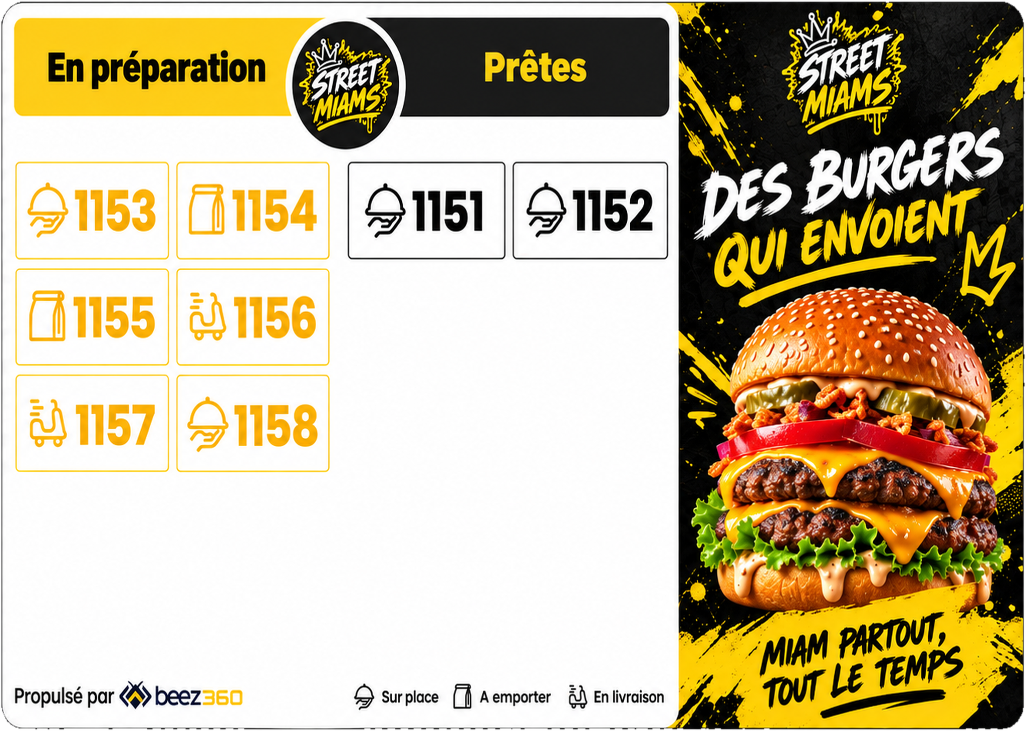 BeezDisplay customer screen with orders in preparation and ready.