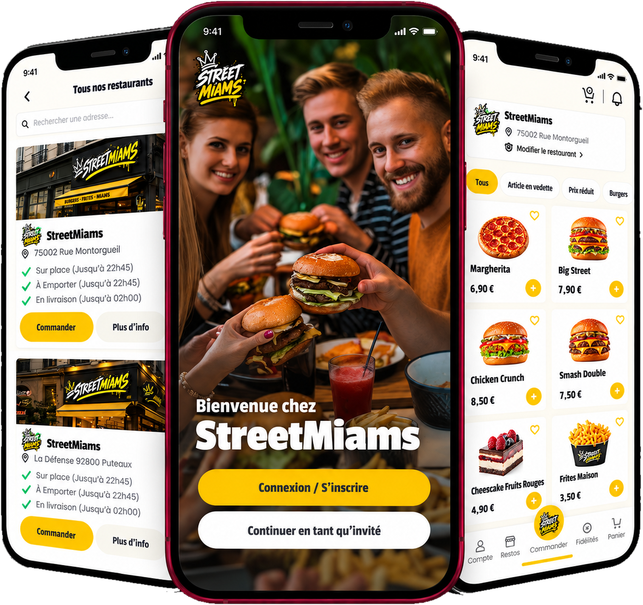 BeezMobile on three phones: welcome screen, locations and catalogue.