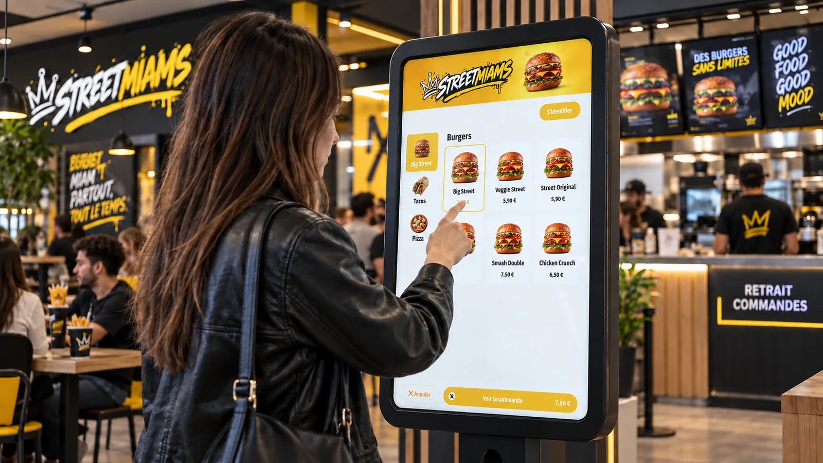 A customer orders on a BeezKiosk terminal in a fast-food restaurant.