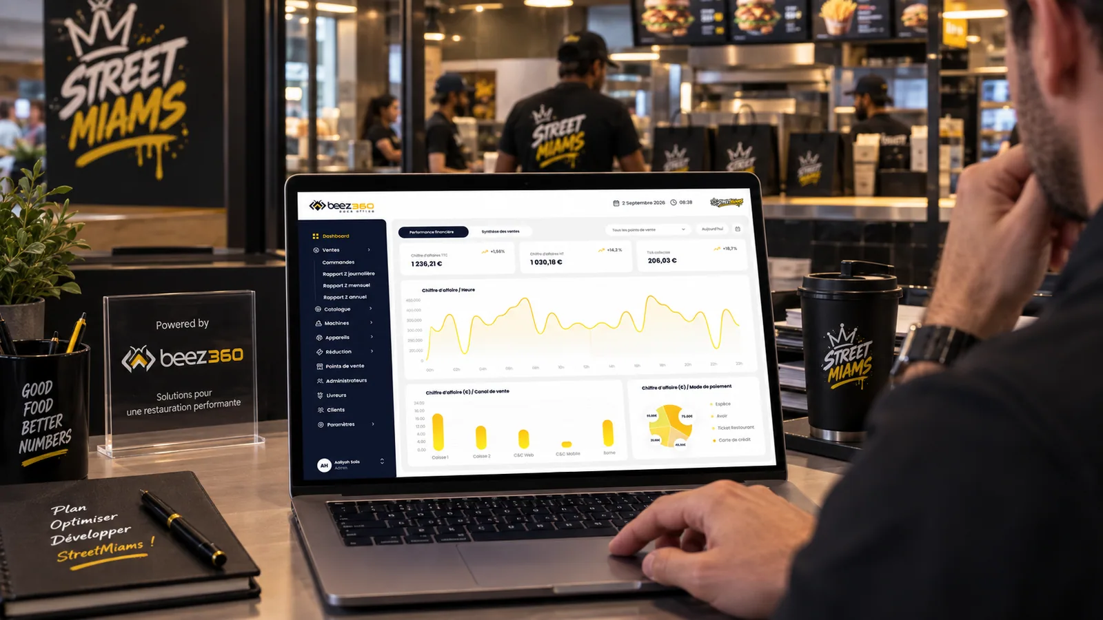 A manager reviews the BeezBO dashboard on a laptop.